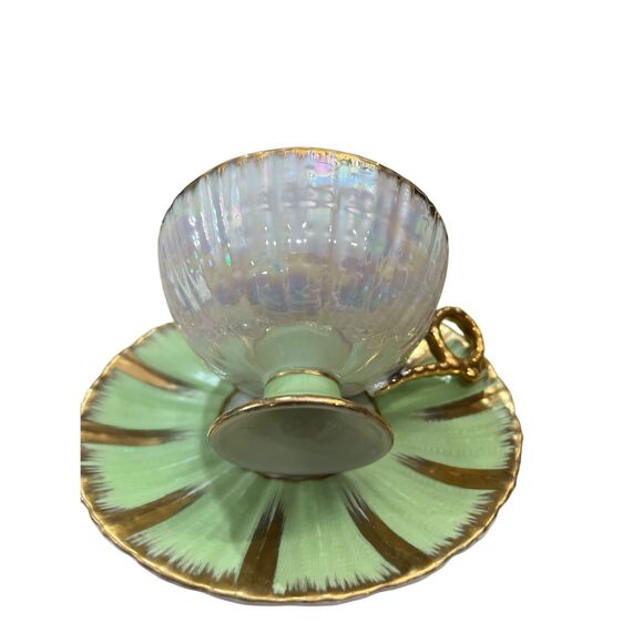 Vintage Royal Sealy Teacup & Saucer Mint Green Gold Iridescent Roses Japan Rare - Picture 15 of 16